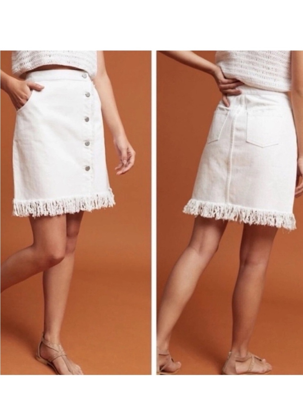Pilcro White Fringe Button-Front Mini Skirt 100% Cotton Size 6